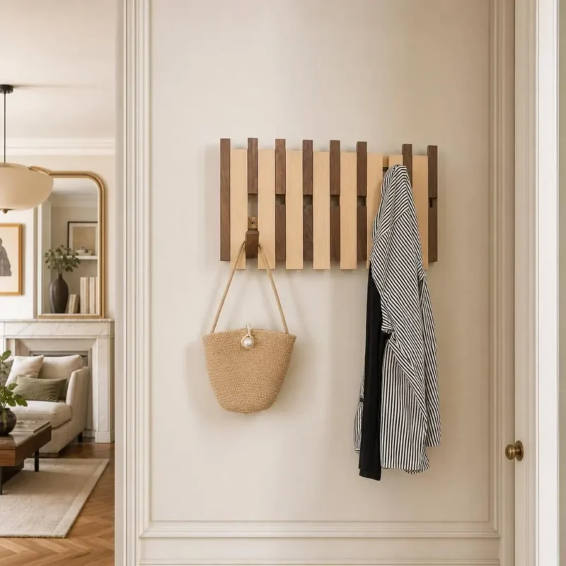 Porte-manteau mural bois clair carré