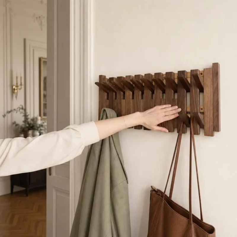 Porte-manteau mural en bois foncé format carré compact