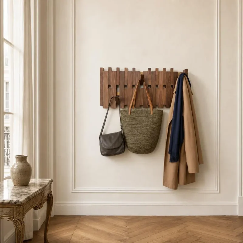 Porte-manteau mural en bois foncé format carré compact