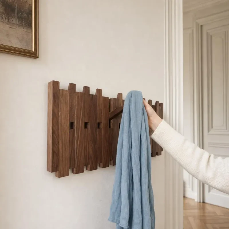 Porte-manteau mural en bois foncé format carré compact