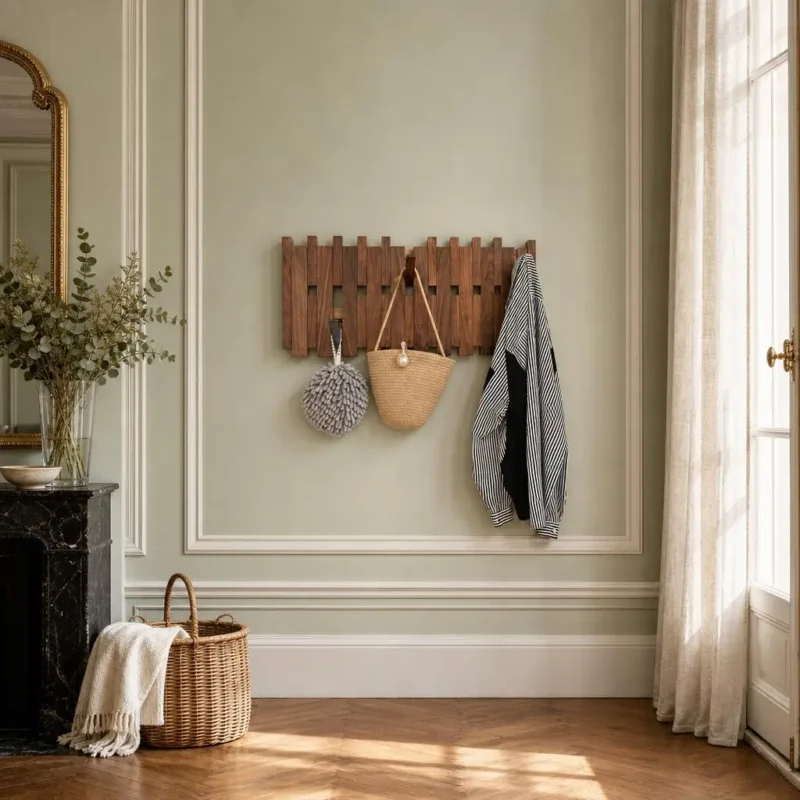 Porte-manteau mural en bois foncé massif 12 crochets