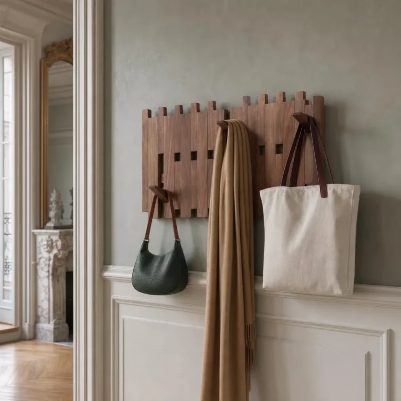 Porte-manteau mural en bois foncé massif 12 crochets