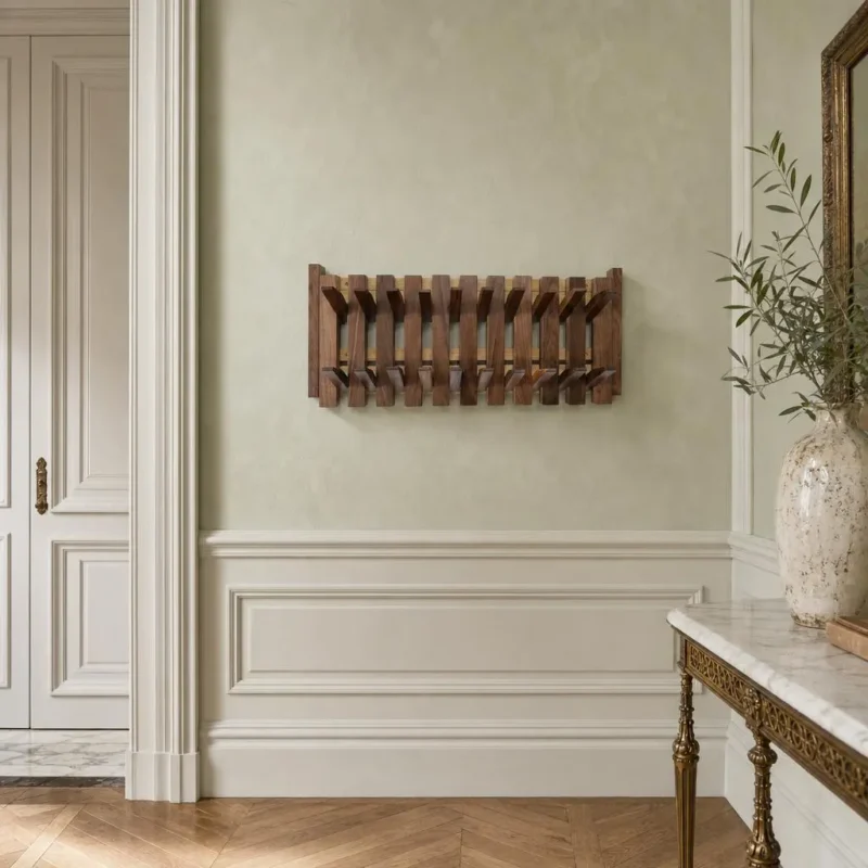 Porte-manteau mural en bois foncé massif 12 crochets