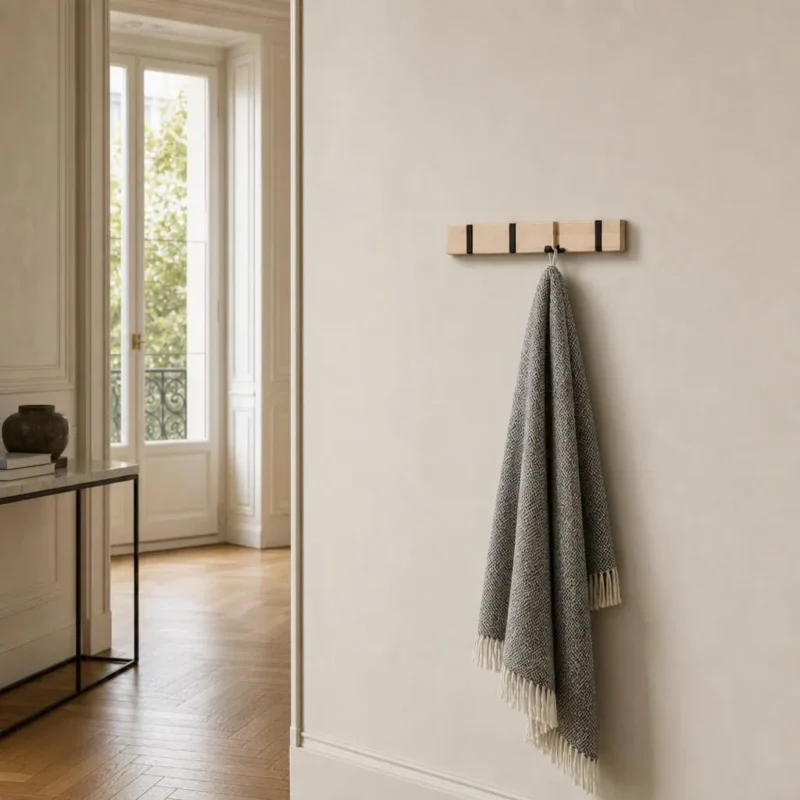 Porte-manteau mural en bois naturel 4 crochets pliants