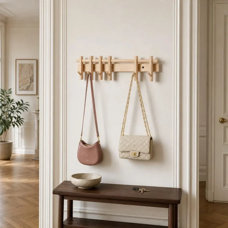 Porte-manteau mural bois naturel 6 crochets