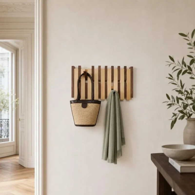 Porte-manteau mural en bois naturel compact double couche