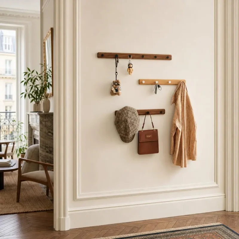 Porte-manteau mural bois naturel crochets blancs