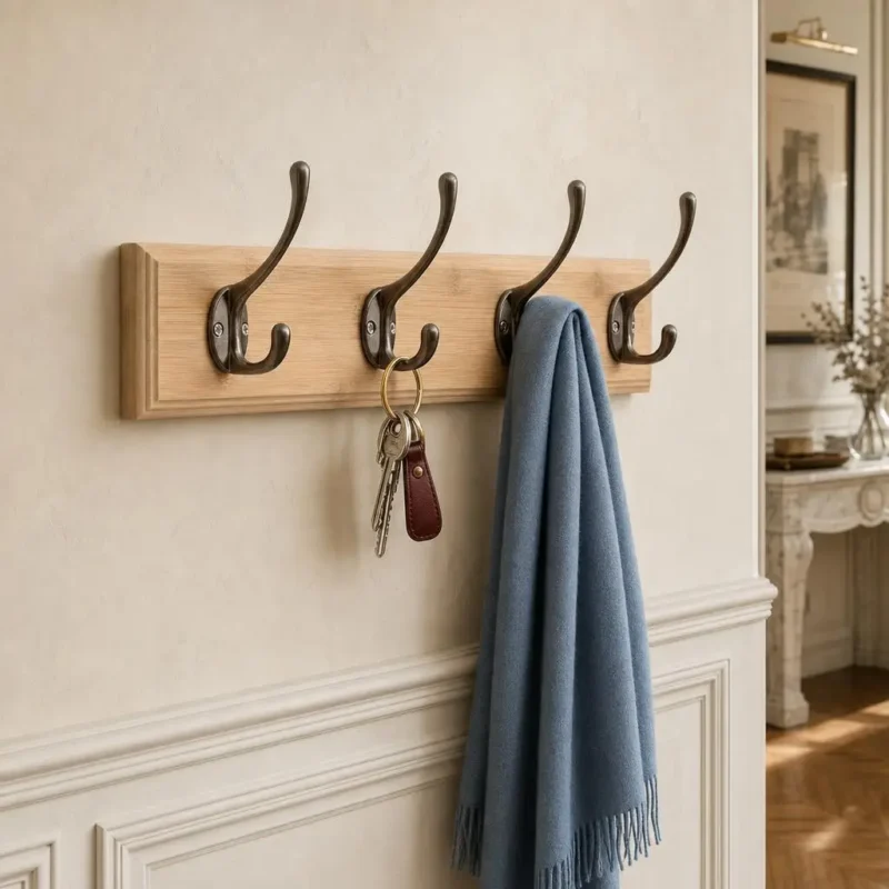 Porte-manteau mural bois vieillit 4 crochets