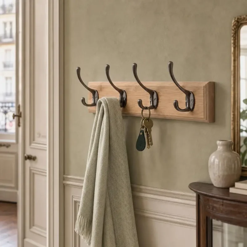 Porte-manteau mural bois vieillit 4 crochets