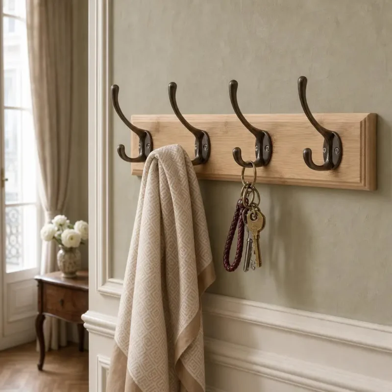 Porte-manteau mural bois vieillit 4 crochets