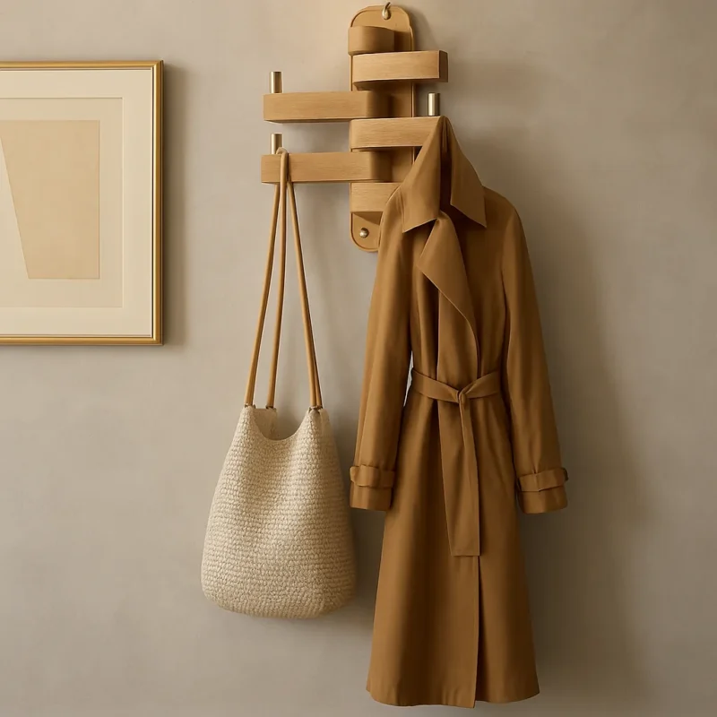 Porte-manteau mural design en bois clair, forme originale