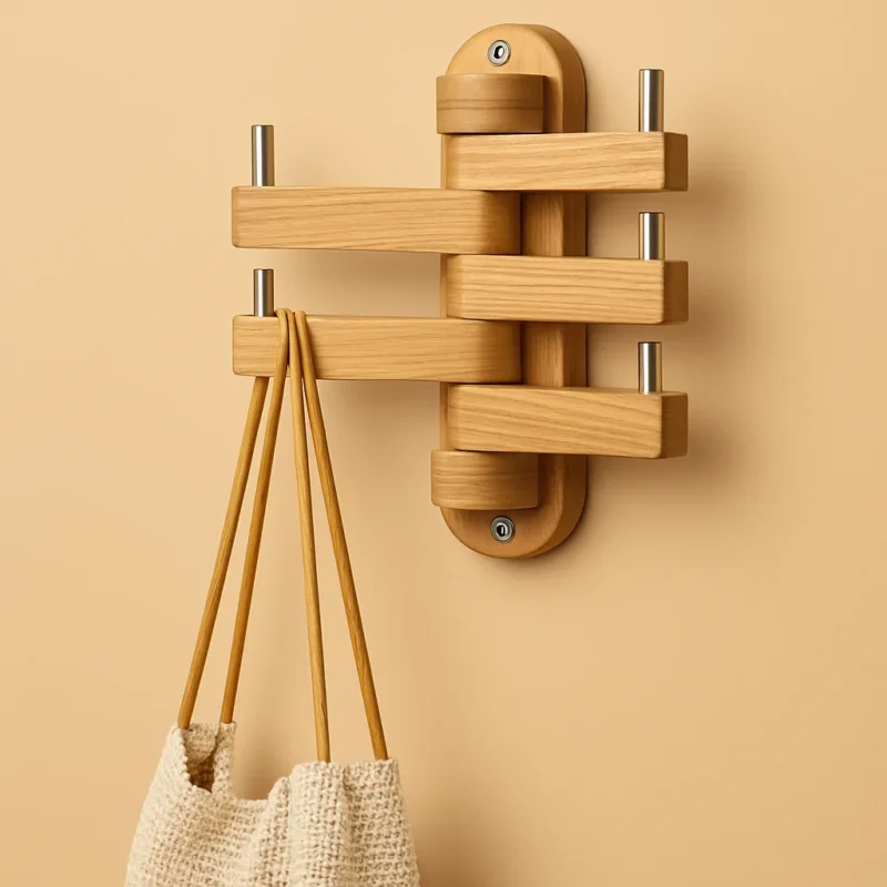 Porte-manteau mural design en bois clair, forme originale