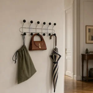 Porte-manteau mural métal noir 12 crochets bois