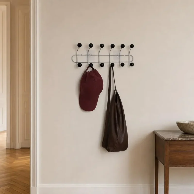 Porte-manteau mural métal noir 12 crochets bois