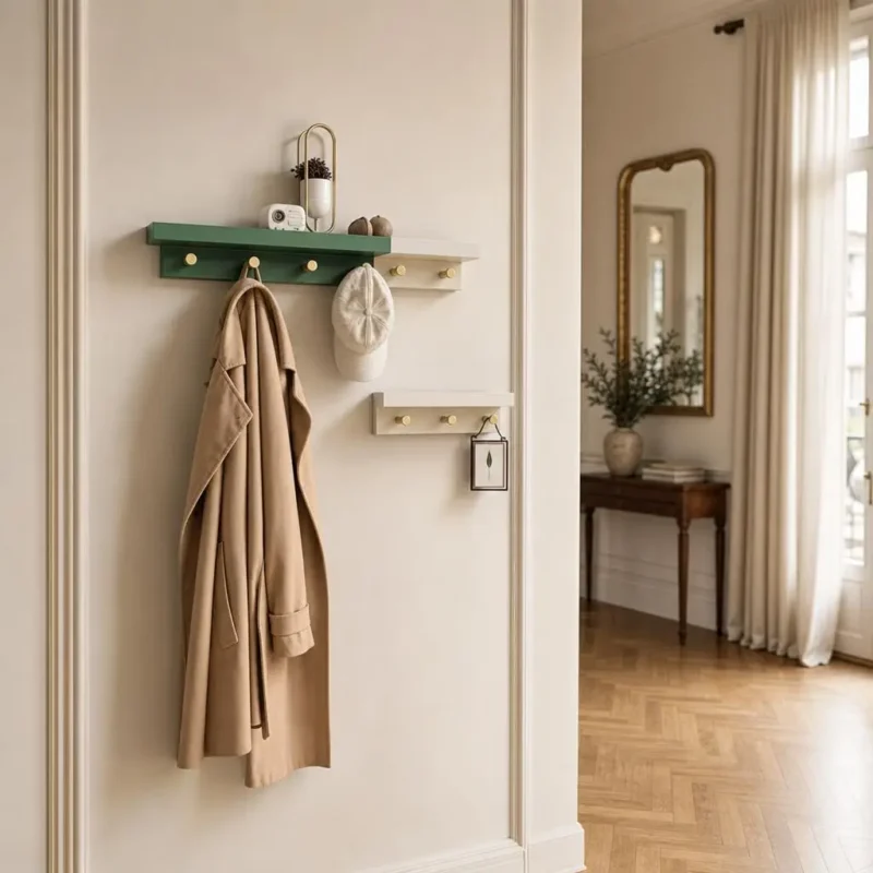 Porte-manteau mural vintage vert avec crochets dorés