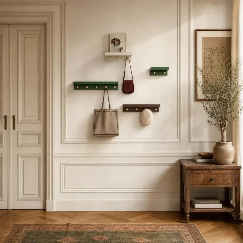Porte-manteau mural vintage vert avec crochets dorés