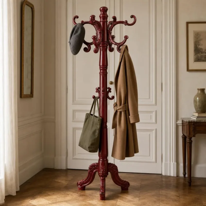 Porte-manteau perroquet bois bordeaux avec crochets en couronne