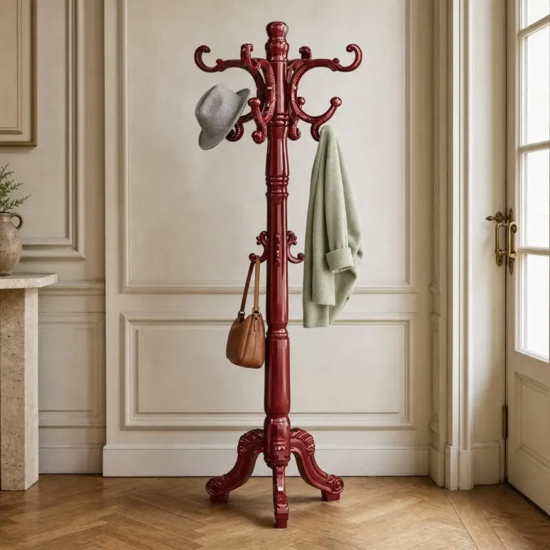 Porte-manteau perroquet bois bordeaux avec crochets en couronne