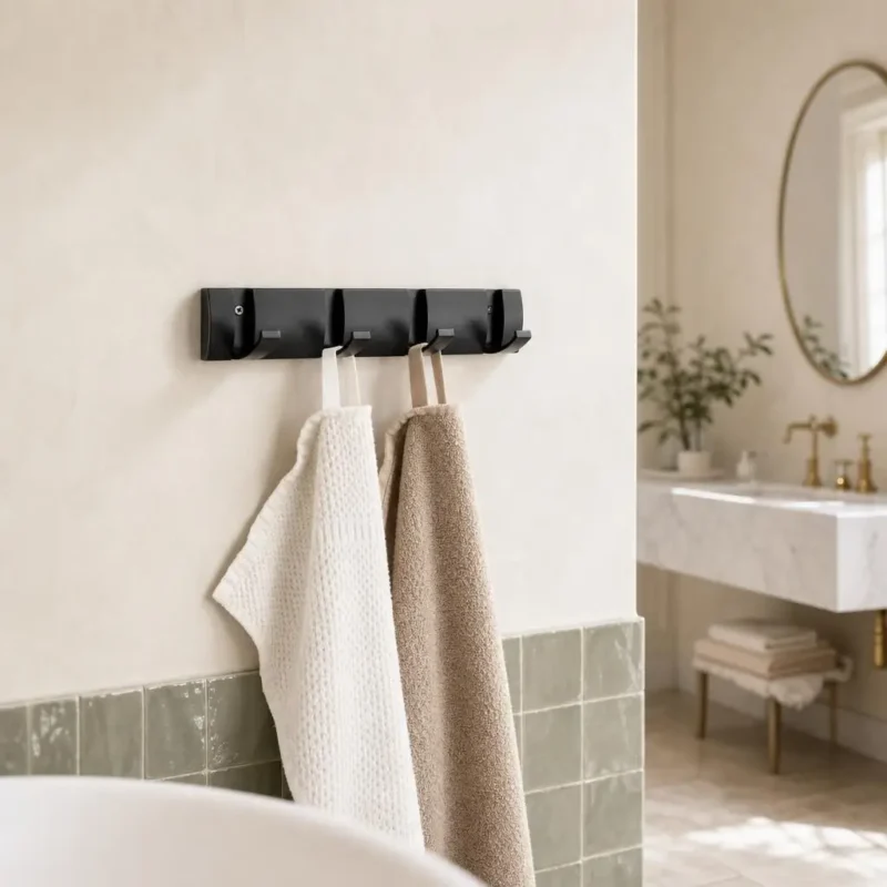 Porte manteau salle de bain métal noir mat 4 crochets pliants