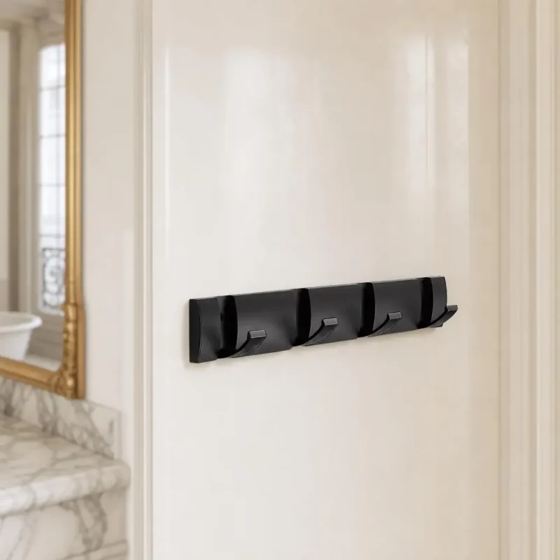 Porte manteau salle de bain métal noir mat 4 crochets pliants