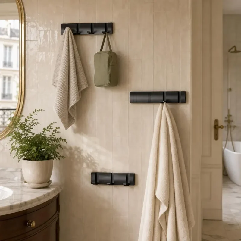 Porte manteau salle de bain métal noir mat 4 crochets pliants