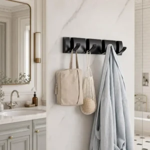 Porte manteau salle de bain métal noir mat 4 crochets pliants