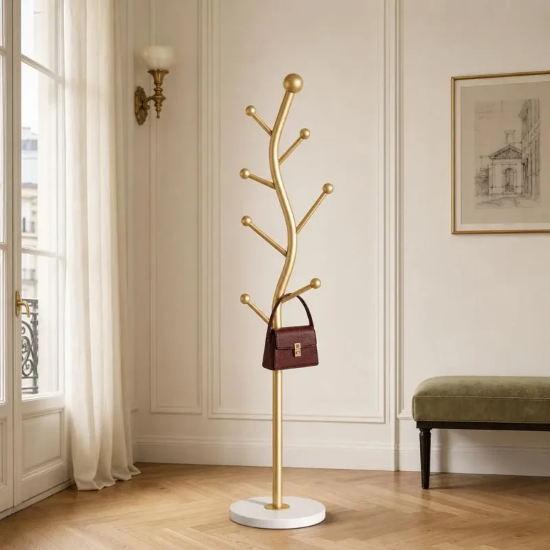 Porte-manteau sur pied 7 crochets métal doré style nordique