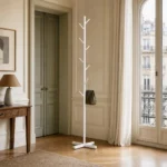 Porte-manteau sur pied arbre base croisée métal blanc