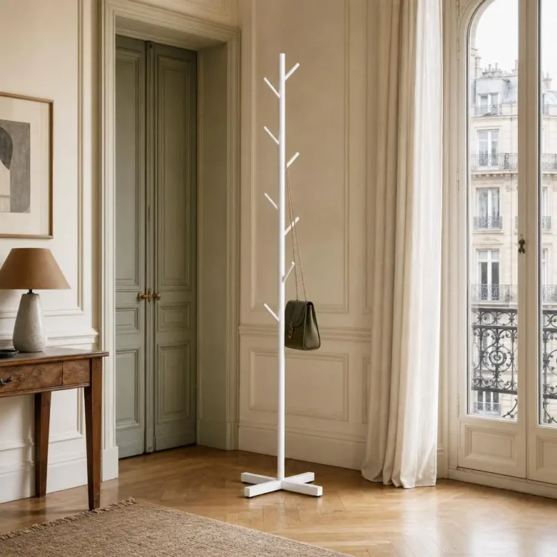 Porte-manteau sur pied arbre base croisée métal blanc