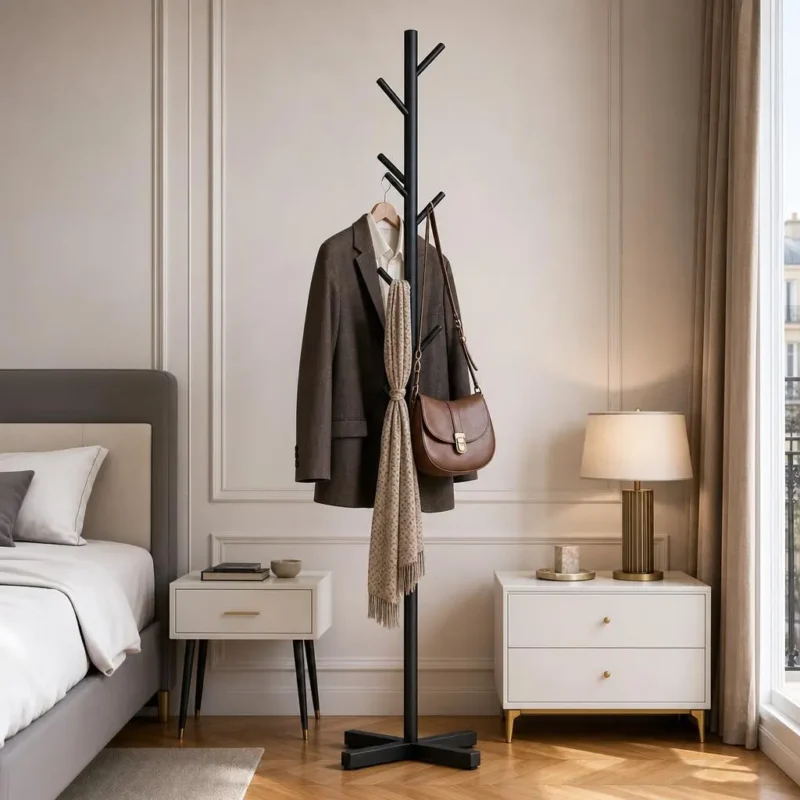 Porte-manteau sur pied arbre avec base croisée métal noir