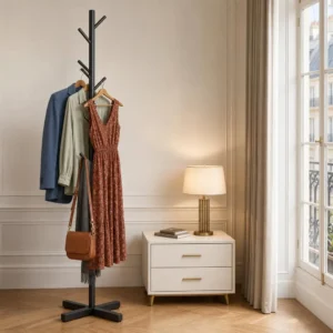 Porte-manteau sur pied arbre avec base croisée métal noir