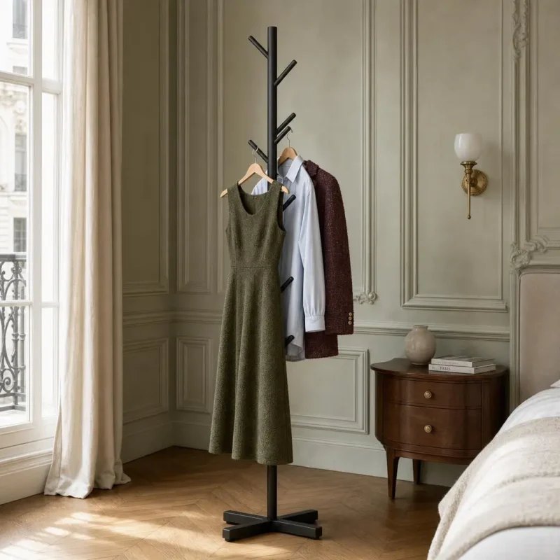 Porte-manteau sur pied arbre avec base croisée métal noir