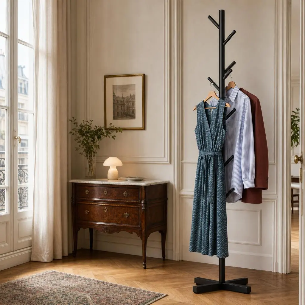 Porte-manteau sur pied arbre avec base croisée métal noir
