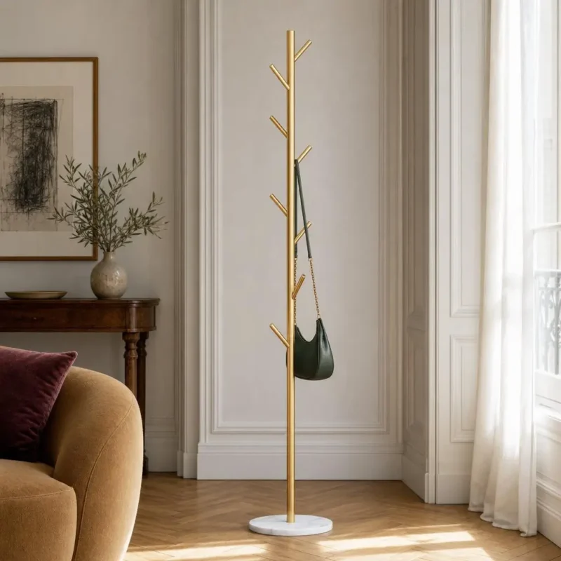 Porte-manteau sur pied arbre métal bicolore doré et blanc