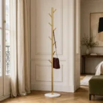 Porte-manteau sur pied arbre métal bicolore doré et blanc