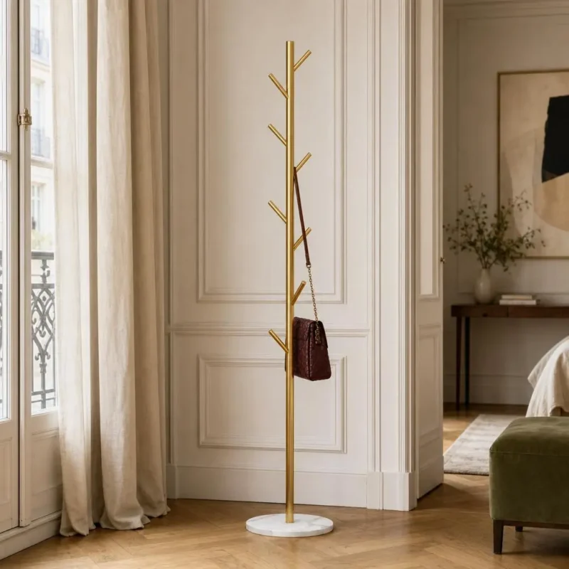 Porte-manteau sur pied arbre métal bicolore doré et blanc