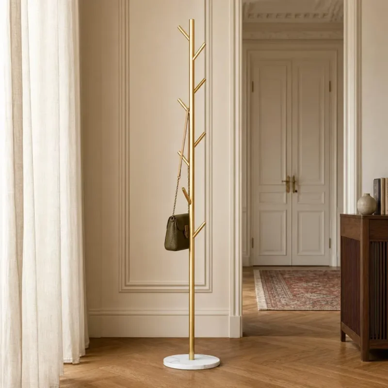 Porte-manteau sur pied arbre métal bicolore doré et blanc