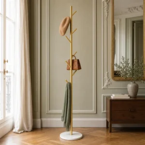 Porte-manteau sur pied arbre métal bicolore doré et blanc