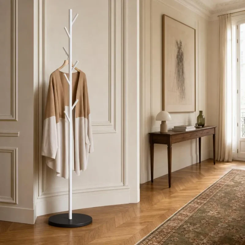 Porte-manteau sur pied arbre métal blanc et noir avec base marbre