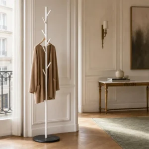 Porte-manteau sur pied arbre métal blanc et noir avec base marbre