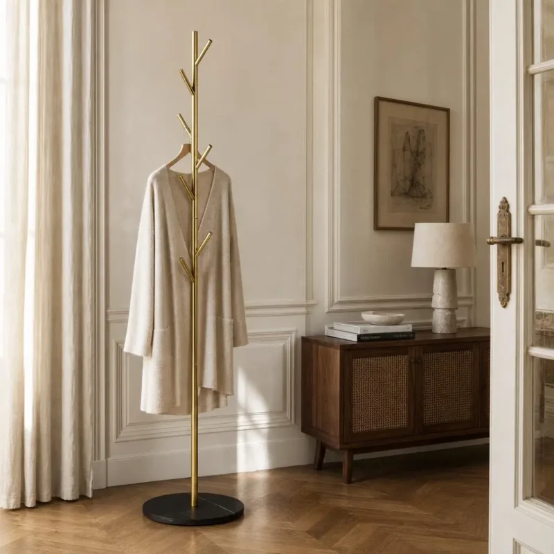 Porte-manteau sur pied arbre métal noir et doré
