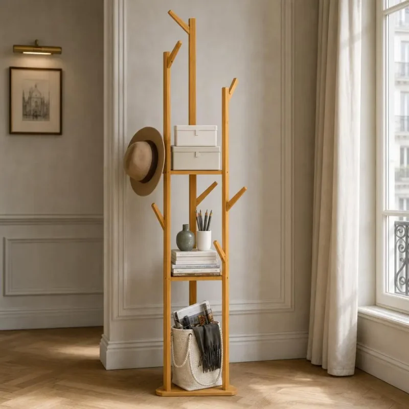 Porte-manteau sur pied en bois clair sans fixation