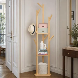 Porte-manteau sur pied en bois clair sans fixation