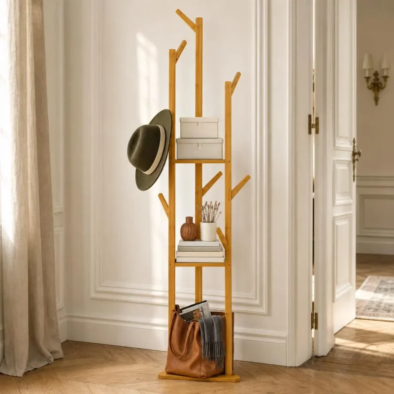 Porte-manteau sur pied en bois clair sans fixation
