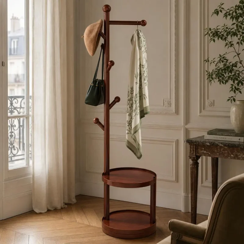 Porte-manteau sur pied en bois pour entrée