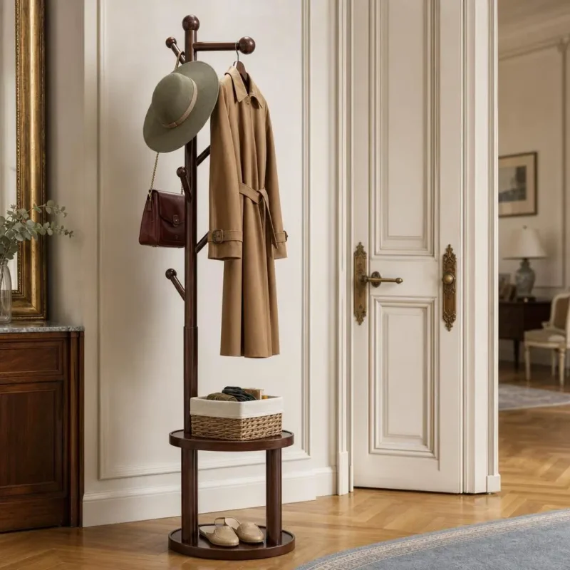 Porte-manteau sur pied en bois pour entrée