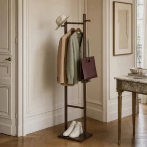 Porte-manteau sur pied bois foncé 2 pieds autoportant