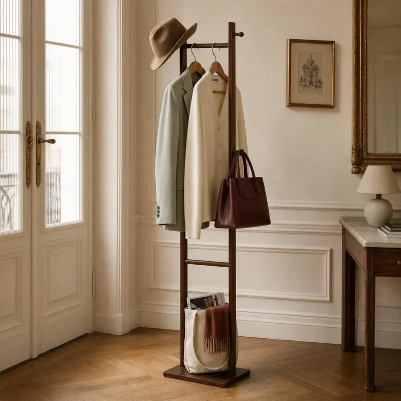 Porte-manteau sur pied bois foncé 2 pieds autoportant