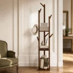 Porte-manteau sur pied en bois foncé autoportant