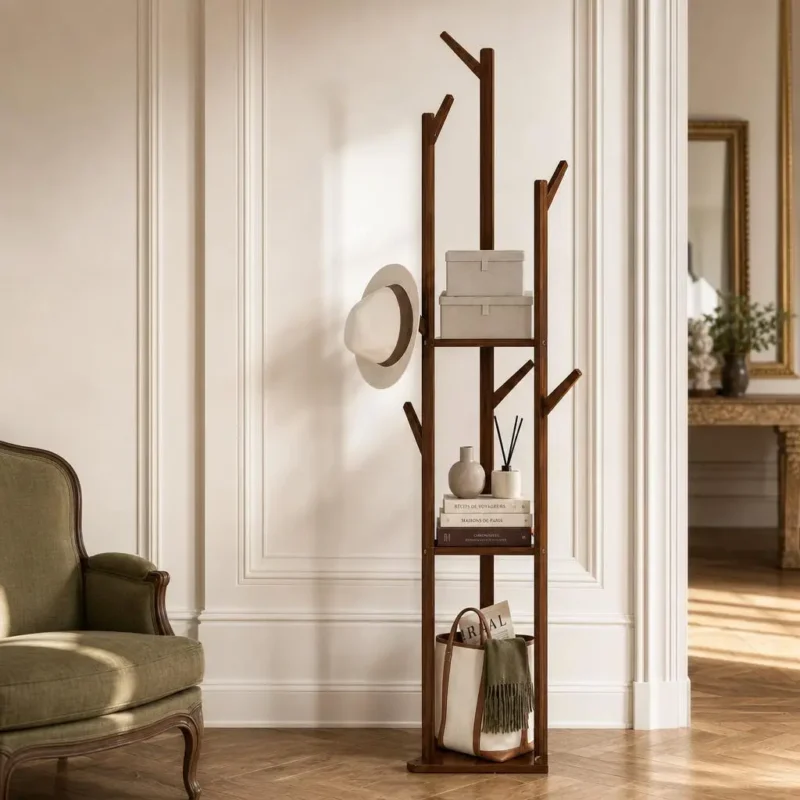 Porte-manteau sur pied en bois foncé autoportant